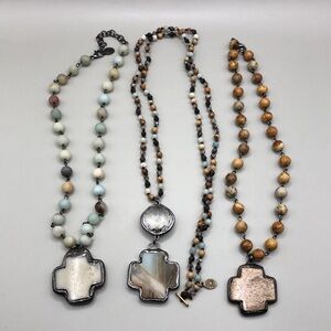 Curated bundle 3 stone gemstone beaded necklaces with stone cross pendants.